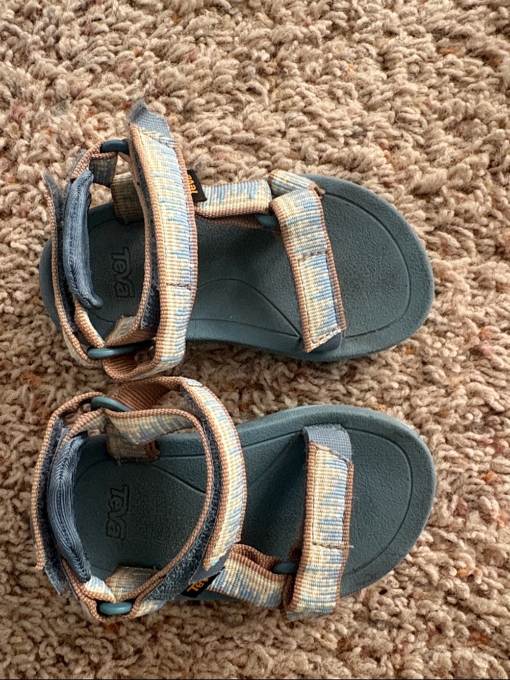 Teva Kids Blue Teal Footbed with Tan Patterned Strap Sandals